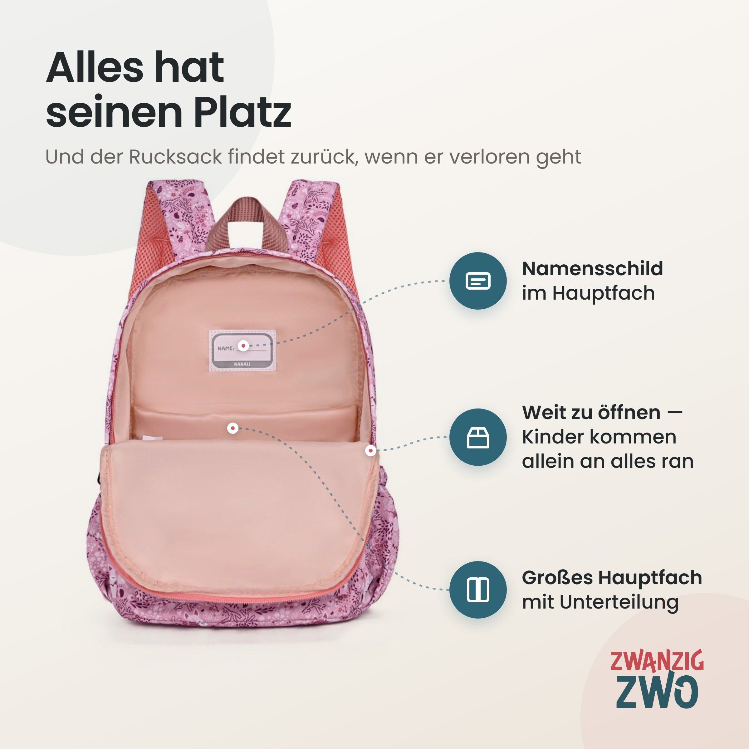 Kinderrucksack Blumenfuchs – geöffnetes Hauptfach mit Namensschild und Unterteilung