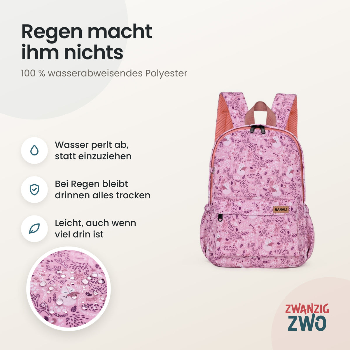 Kinderrucksack Blumenfuchs – wasserabweisendes Polyester in Nahaufnahme