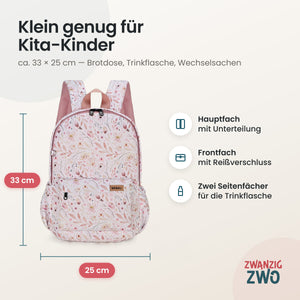 Kinderrucksack Blumentraum – Maße ca. 33 × 25 cm mit Hauptfach, Frontfach und Seitenfächern