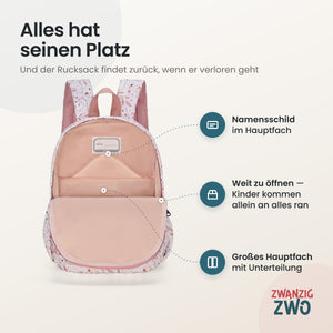 Kinderrucksack Blumentraum – geöffnetes Hauptfach mit Namensschild und Unterteilung