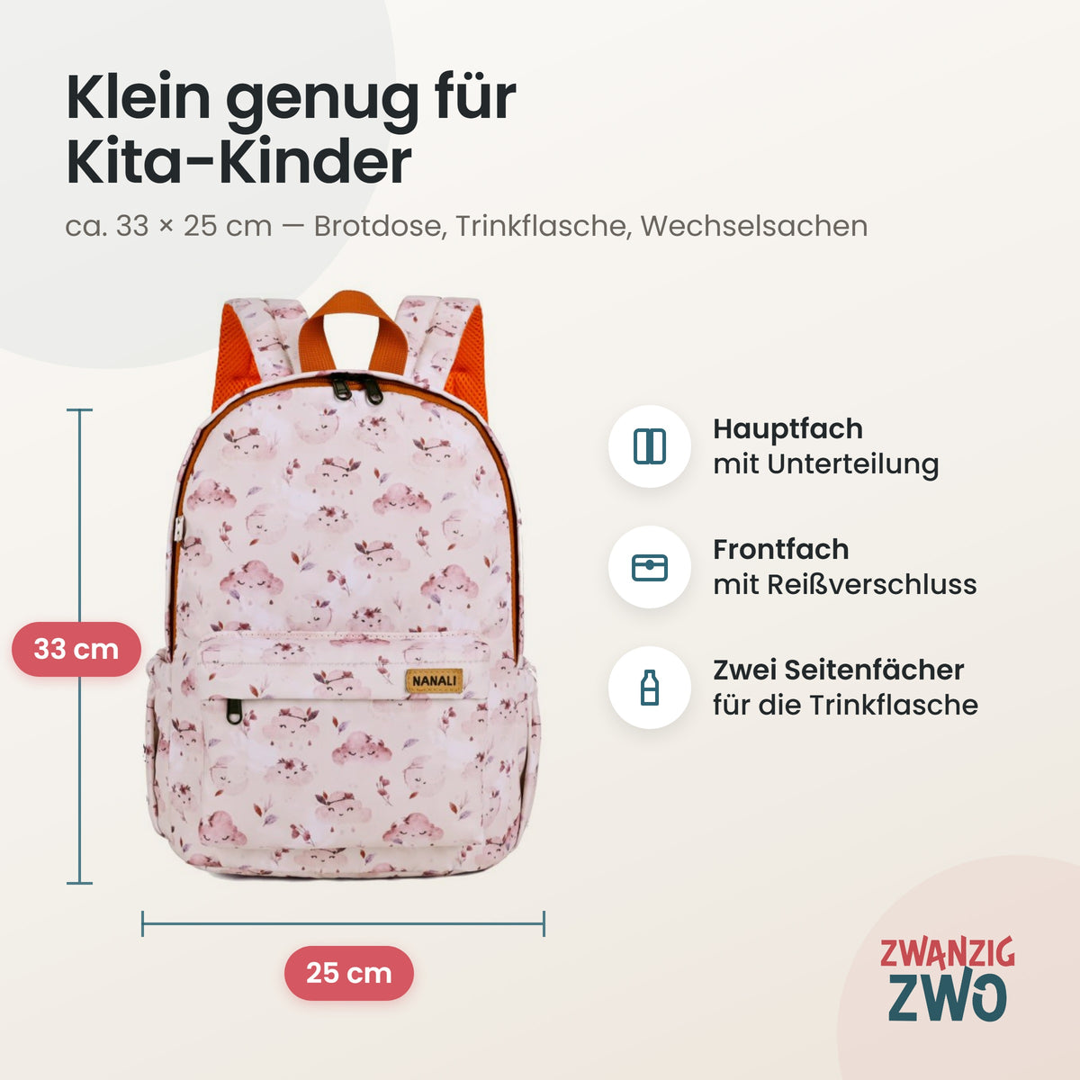 Kinderrucksack boho cloud – Maße ca. 33 × 25 cm mit Hauptfach, Frontfach und Seitenfächern
