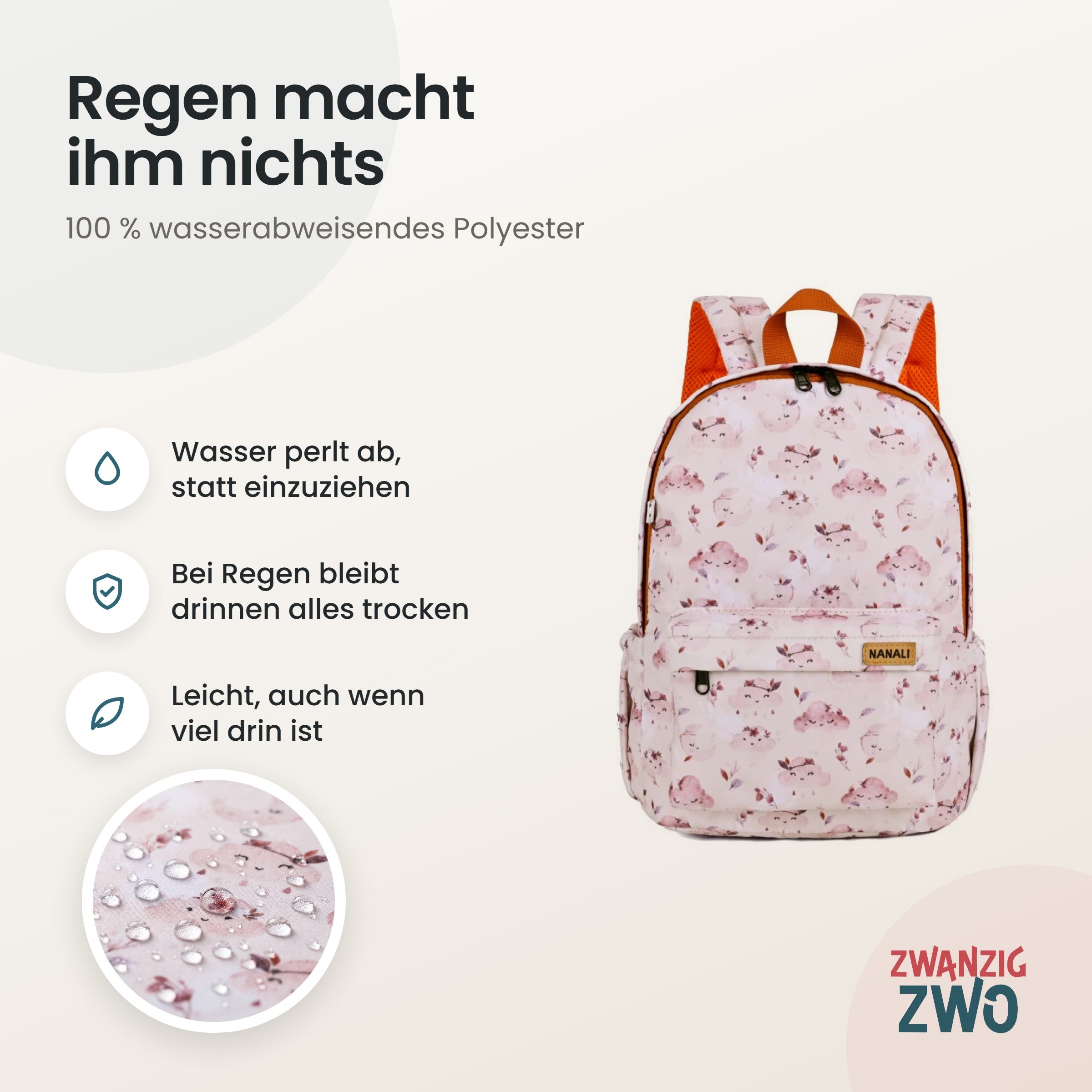 Kinderrucksack boho cloud – wasserabweisendes Polyester in Nahaufnahme