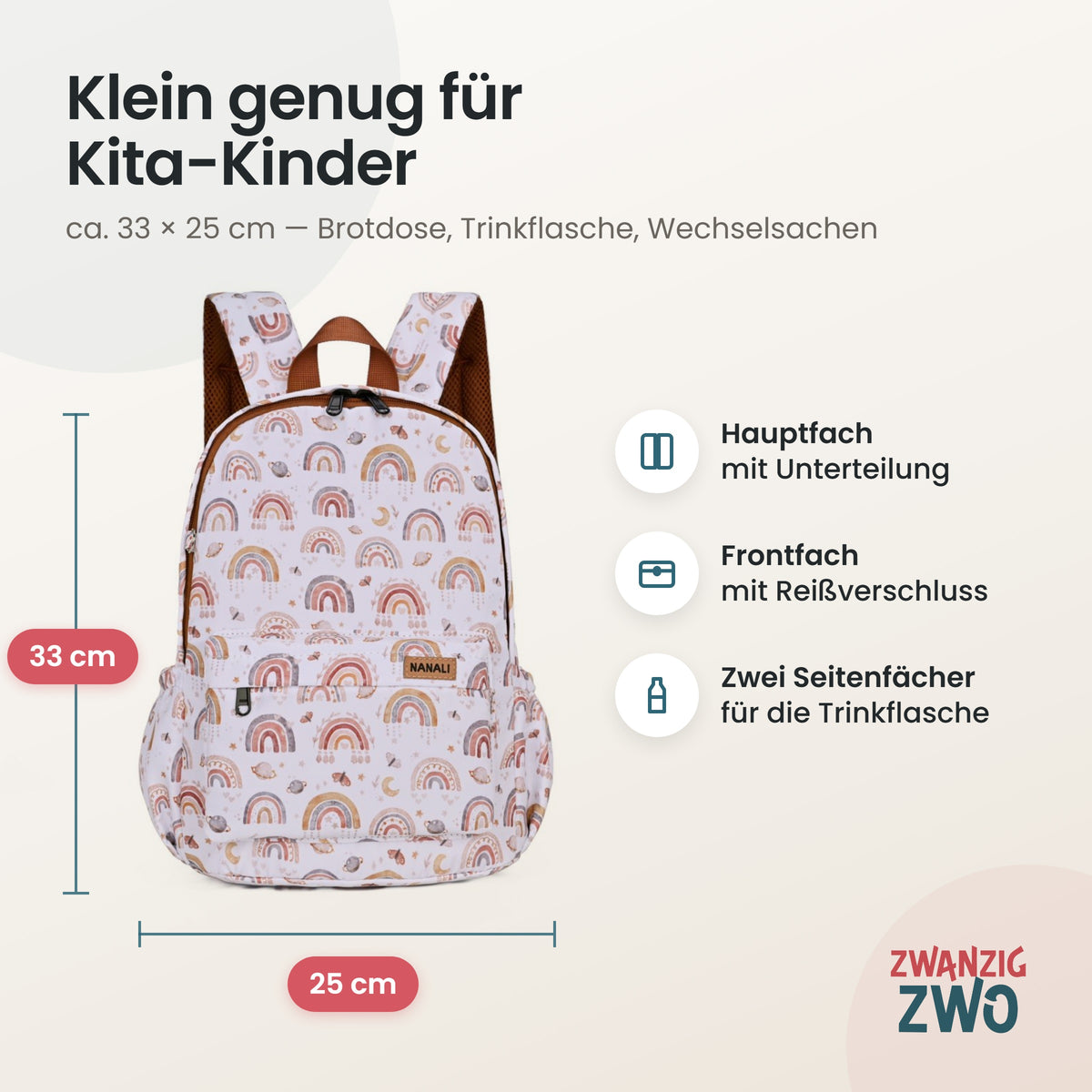 Kinderrucksack boho rainbow – Maße ca. 33 × 25 cm mit Hauptfach, Frontfach und Seitenfächern