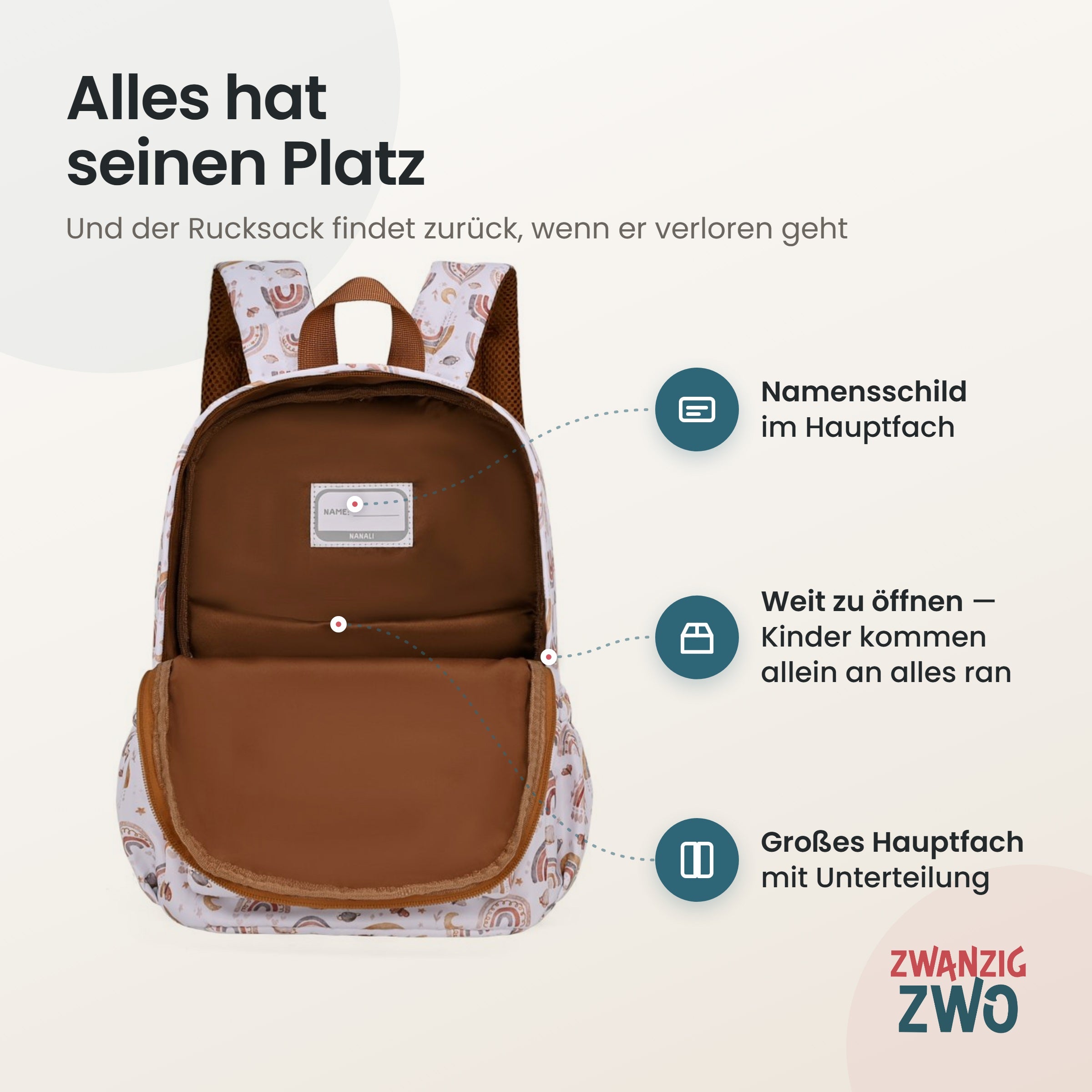 Kinderrucksack boho rainbow – geöffnetes Hauptfach mit Namensschild und Unterteilung