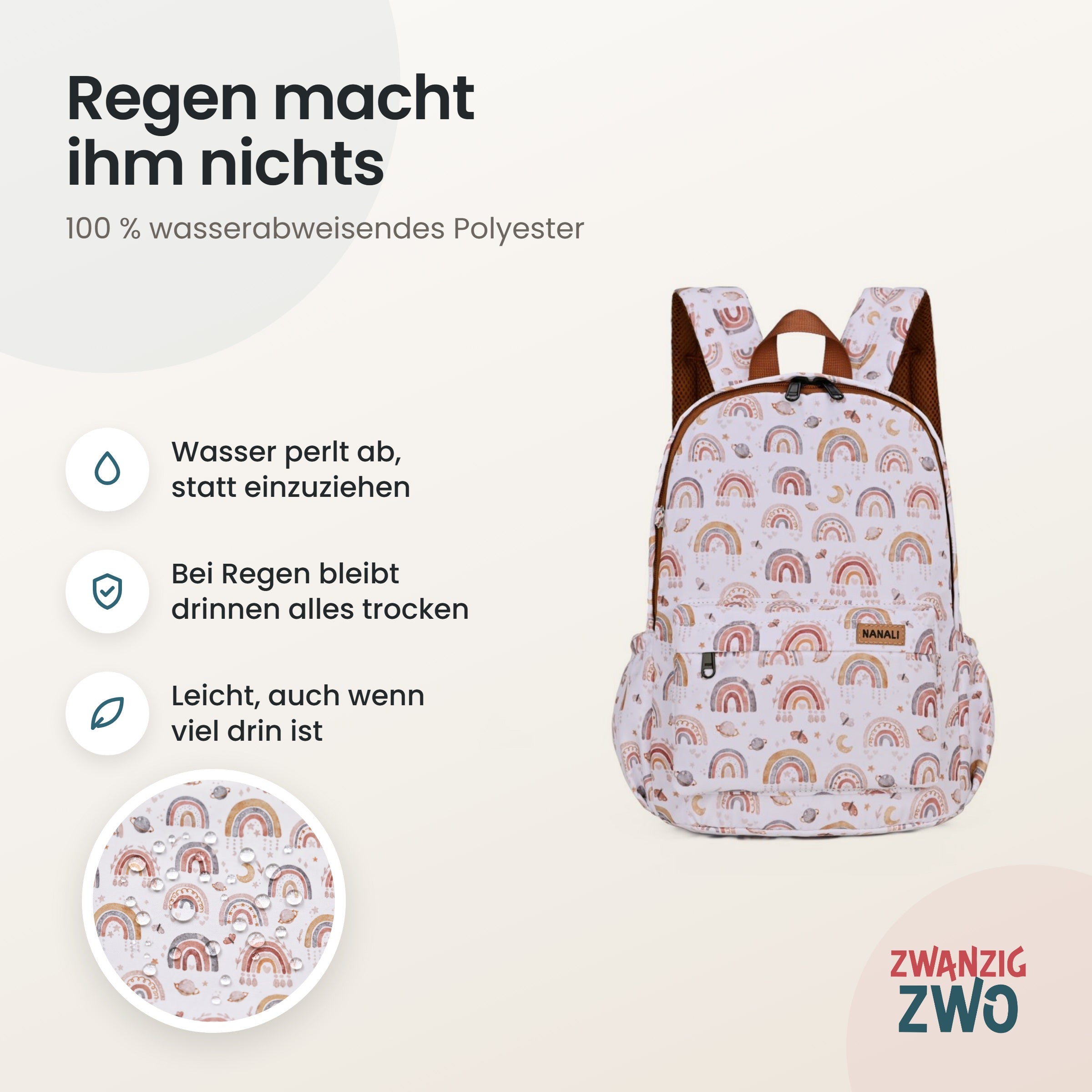 Kinderrucksack boho rainbow – wasserabweisendes Polyester in Nahaufnahme