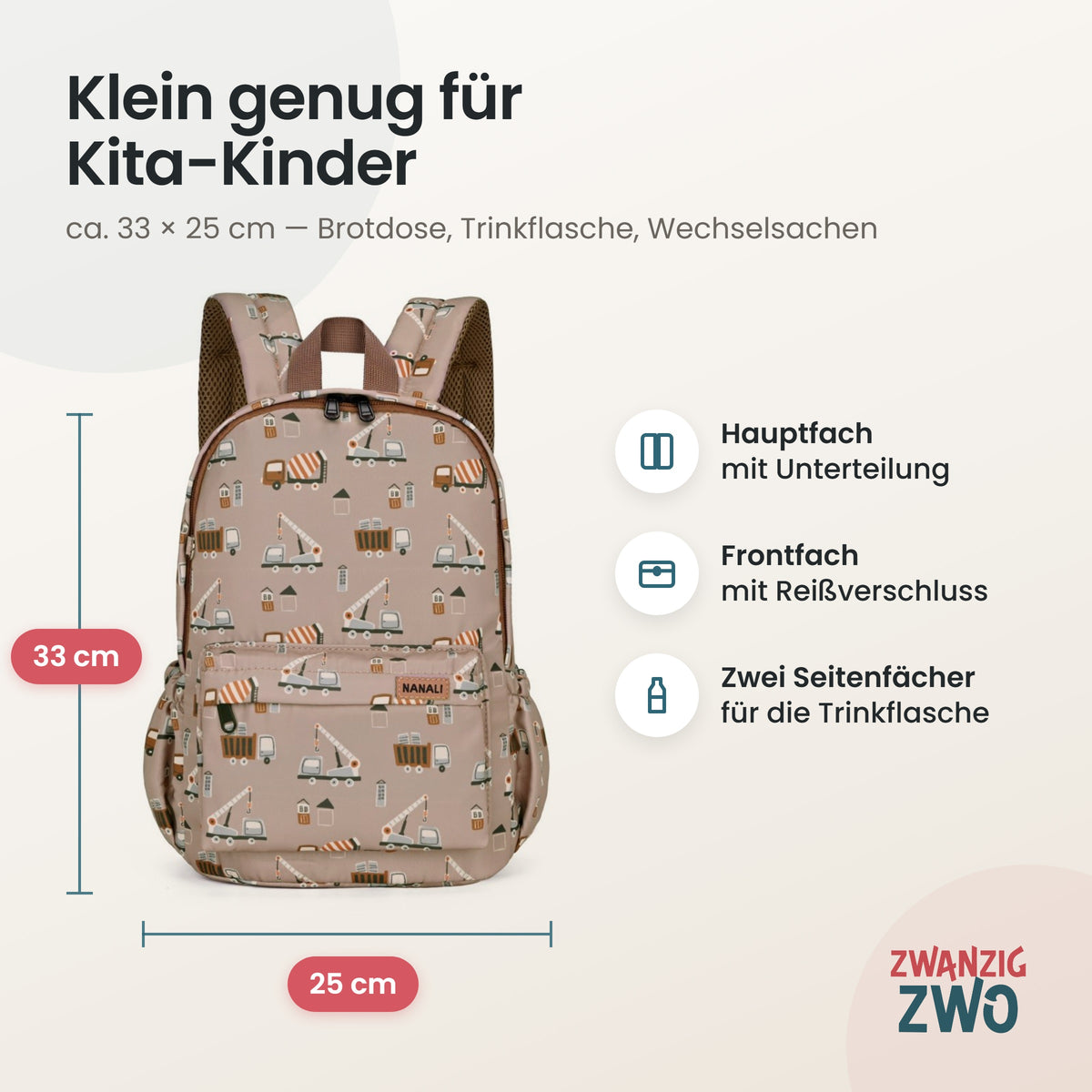 Kinderrucksack building machines – Maße ca. 33 × 25 cm mit Hauptfach, Frontfach und Seitenfächern