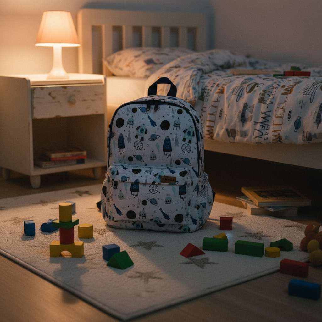 Kinderrucksack spacymacy auf dem Teppich im Kinderzimmer am Abend
