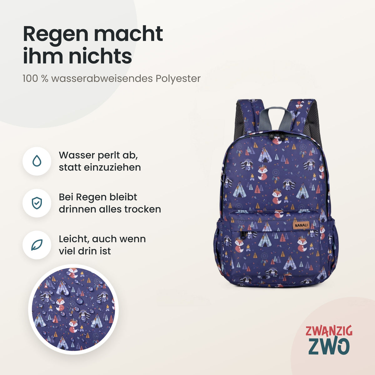 Kinderrucksack Color of the wind – wasserabweisendes Polyester in Nahaufnahme