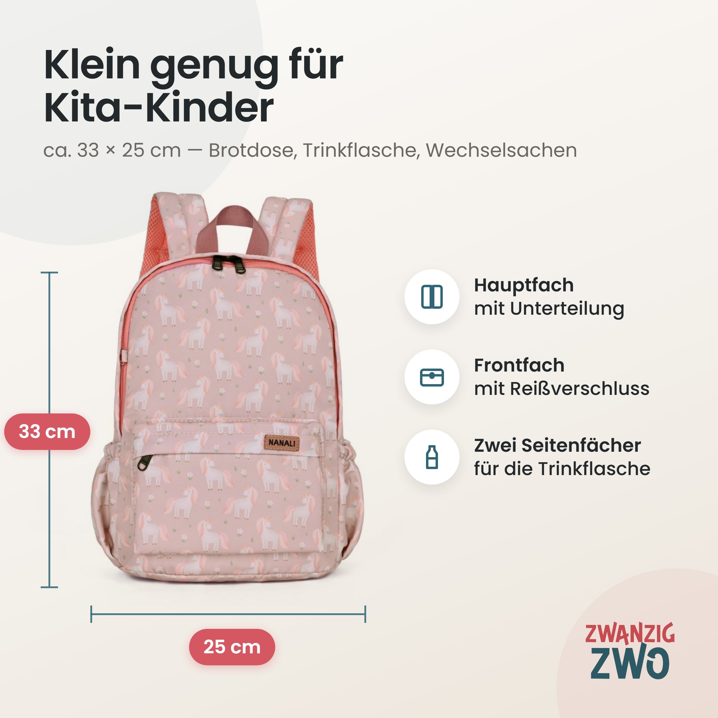 Kinderrucksack cuty unicorn – Maße ca. 33 × 25 cm mit Hauptfach, Frontfach und Seitenfächern