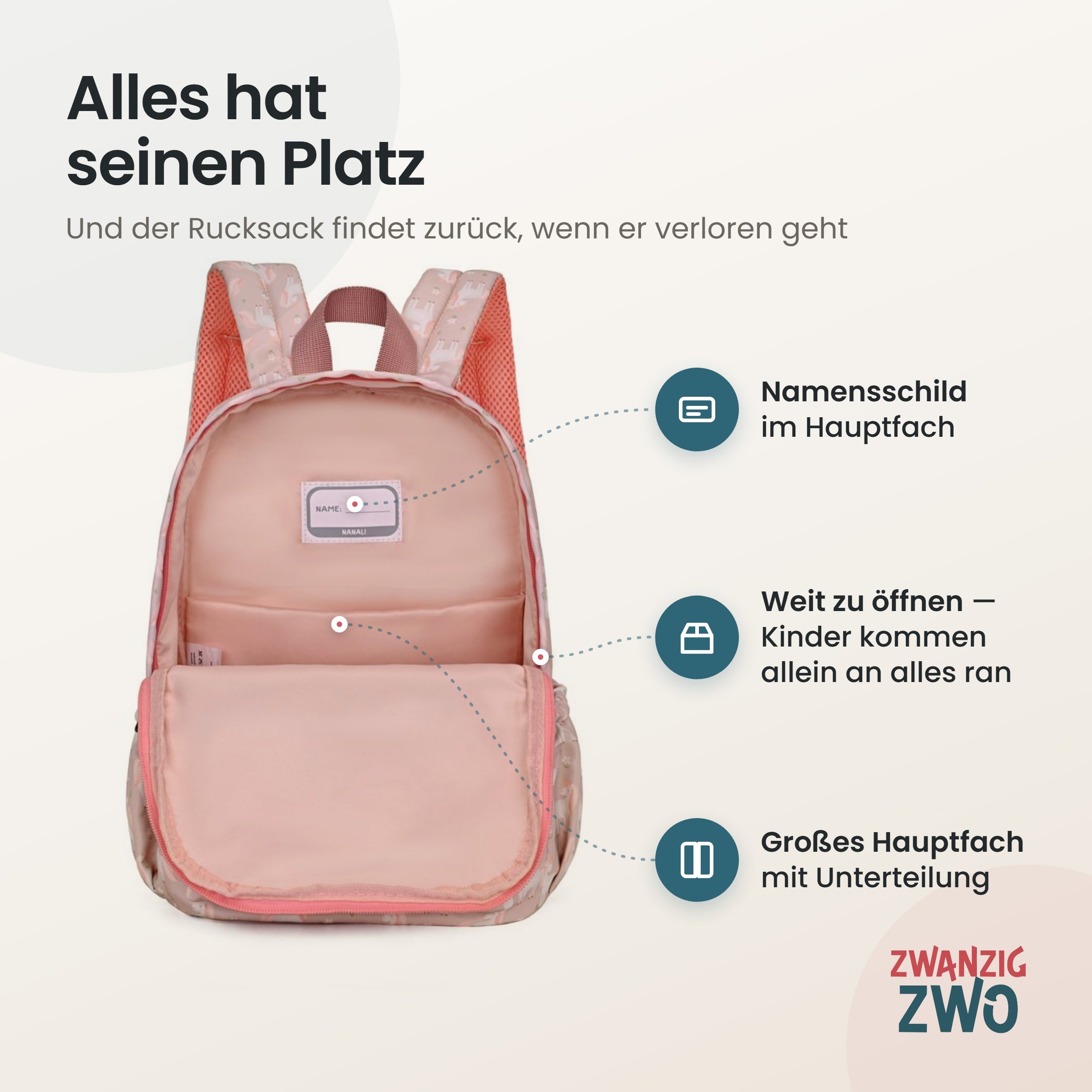 Kinderrucksack cuty unicorn – geöffnetes Hauptfach mit Namensschild und Unterteilung