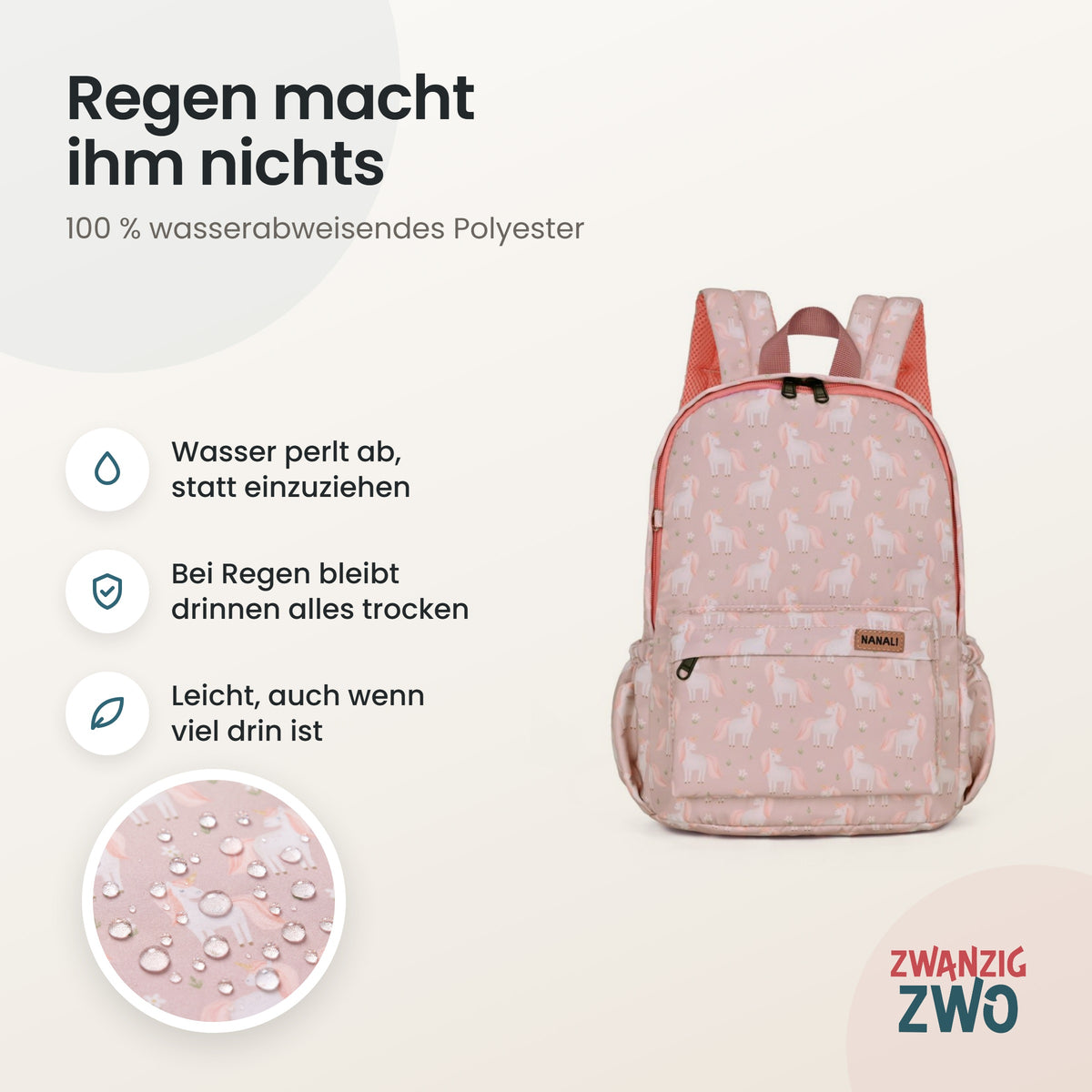 Kinderrucksack cuty unicorn – wasserabweisendes Polyester in Nahaufnahme
