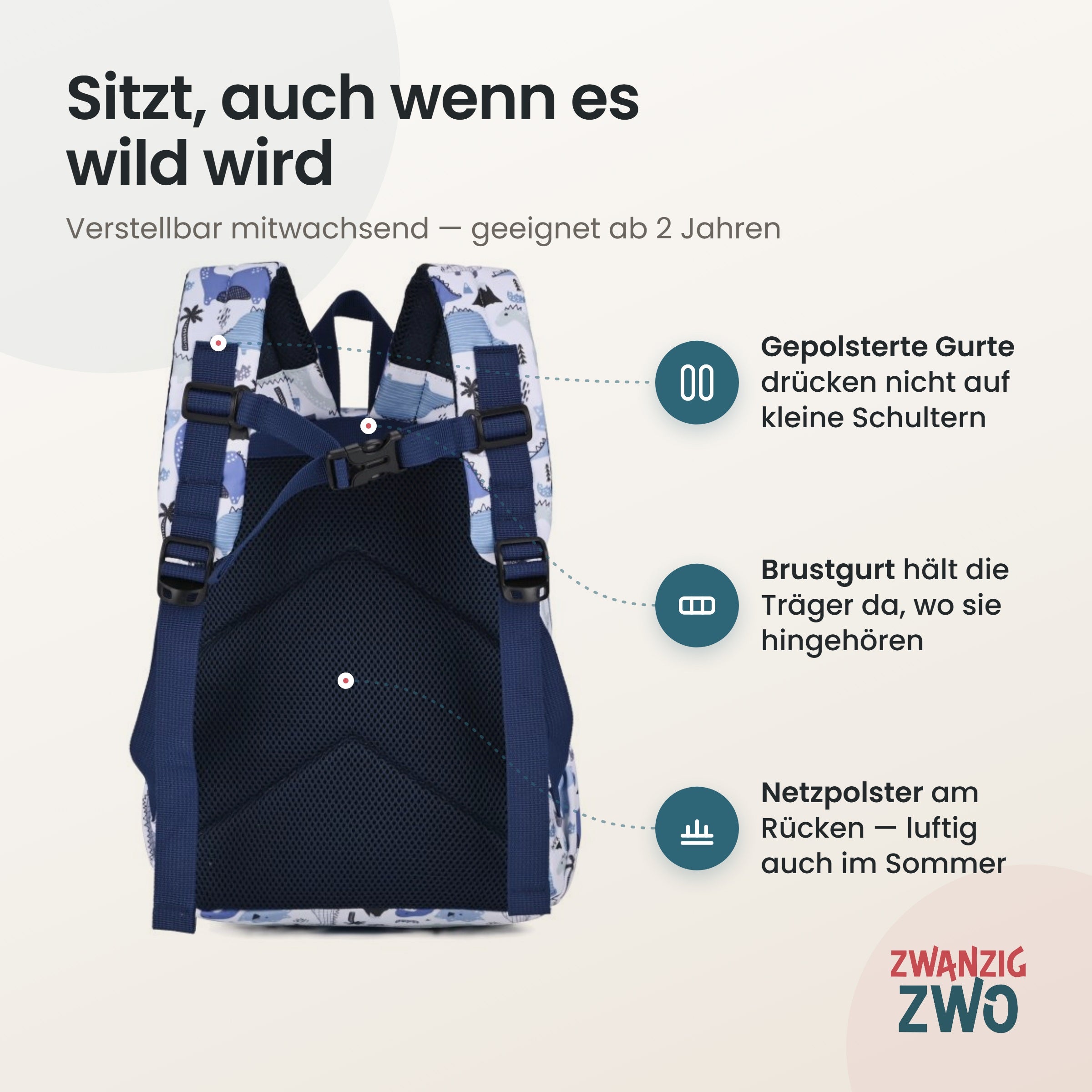 Kinderrucksack Dinolino – gepolsterte Schultergurte und verstellbarer Brustgurt