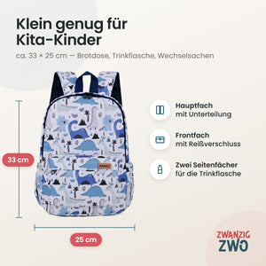 Kinderrucksack Dinolino – Maße ca. 33 × 25 cm mit Hauptfach, Frontfach und Seitenfächern