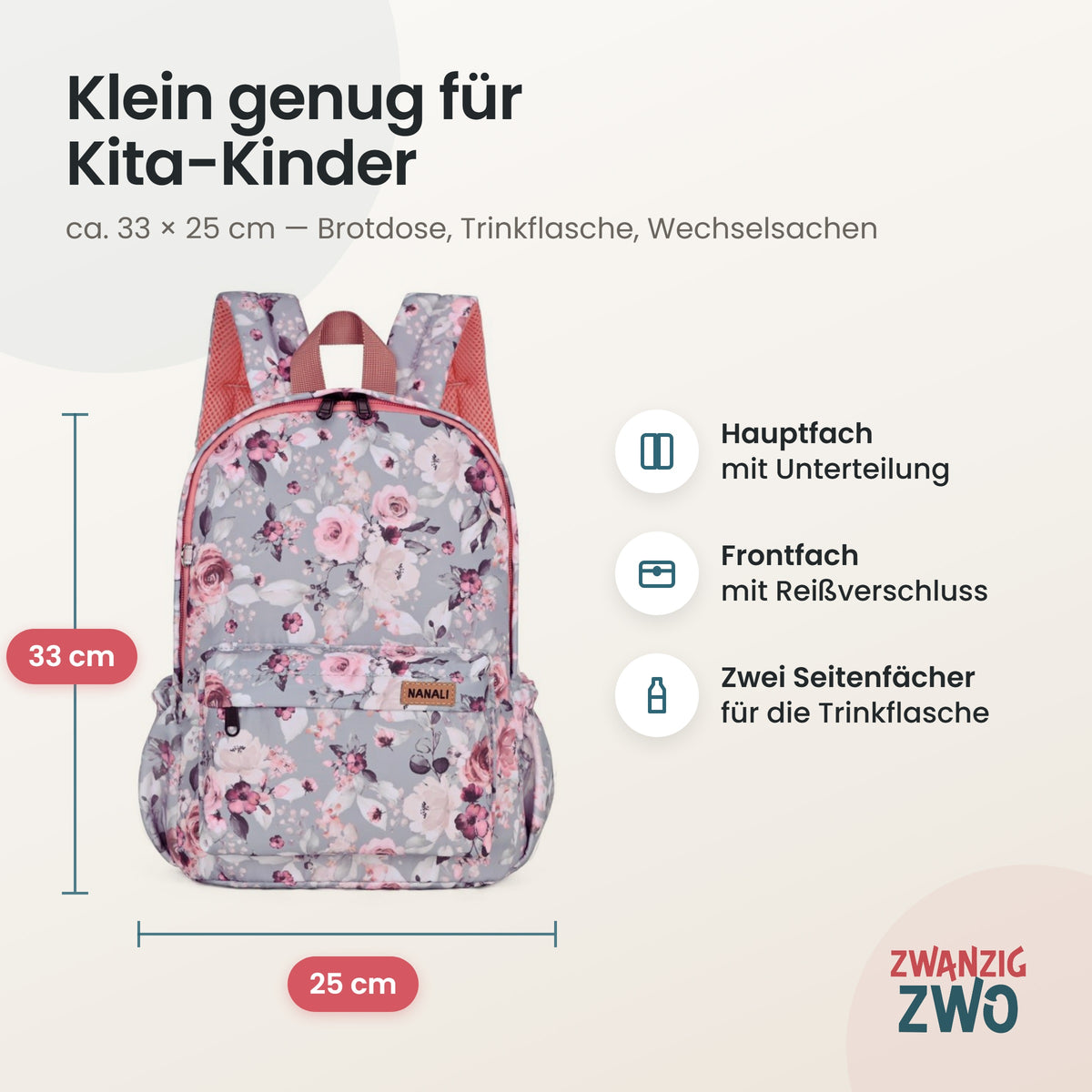 Kinderrucksack dusty rose – Maße ca. 33 × 25 cm mit Hauptfach, Frontfach und Seitenfächern