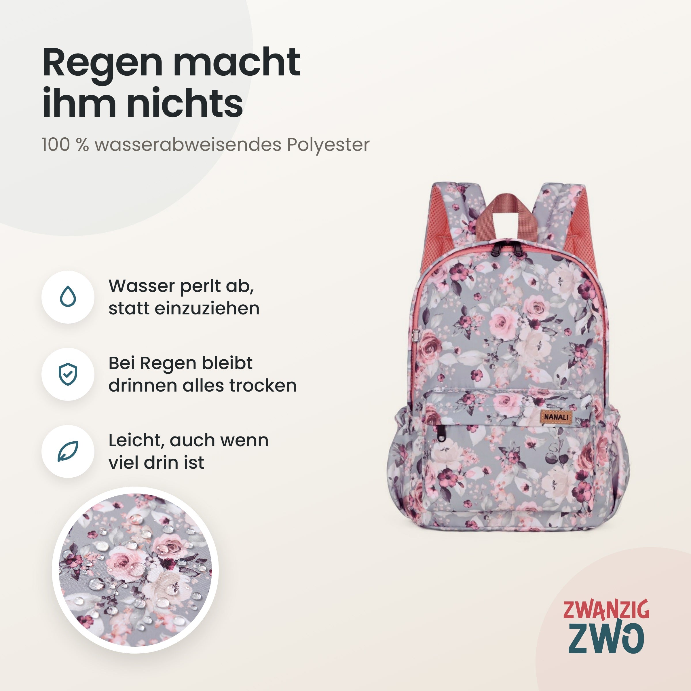 Kinderrucksack dusty rose – wasserabweisendes Polyester in Nahaufnahme