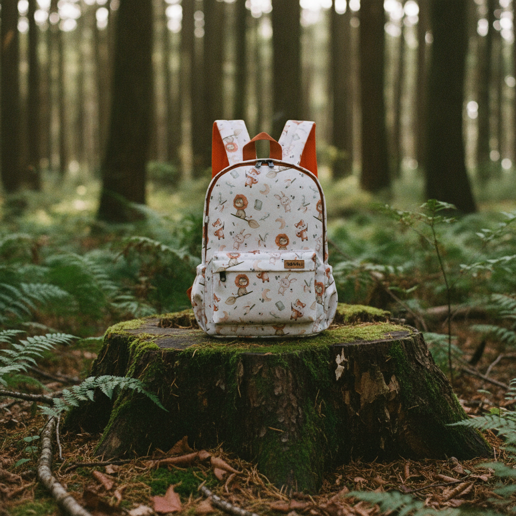 Kinderrucksack magische Tiere auf einem bemoosten Baumstumpf am Waldrand