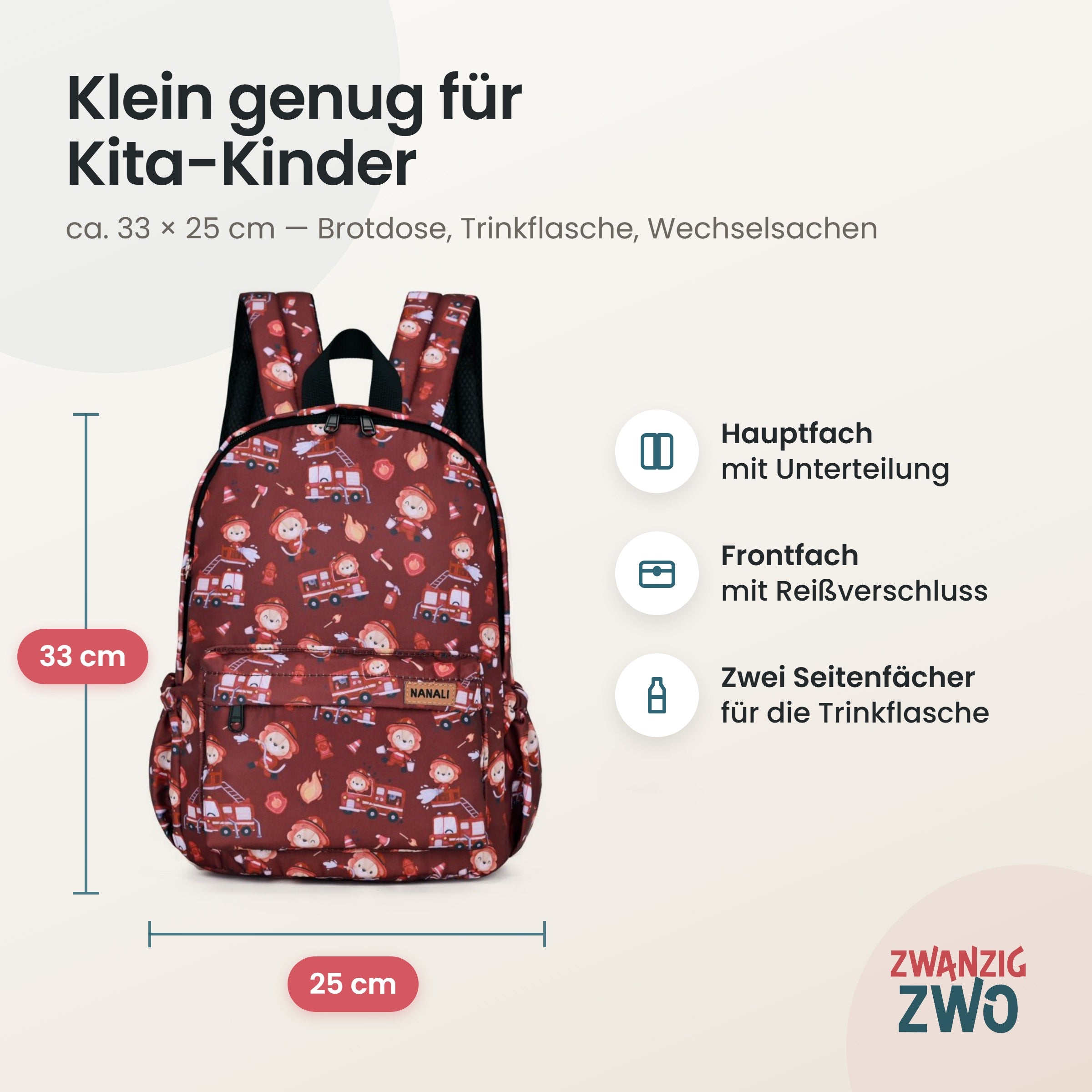 Kinderrucksack Feuerwehr Löwe – Maße ca. 33 × 25 cm mit Hauptfach, Frontfach und Seitenfächern