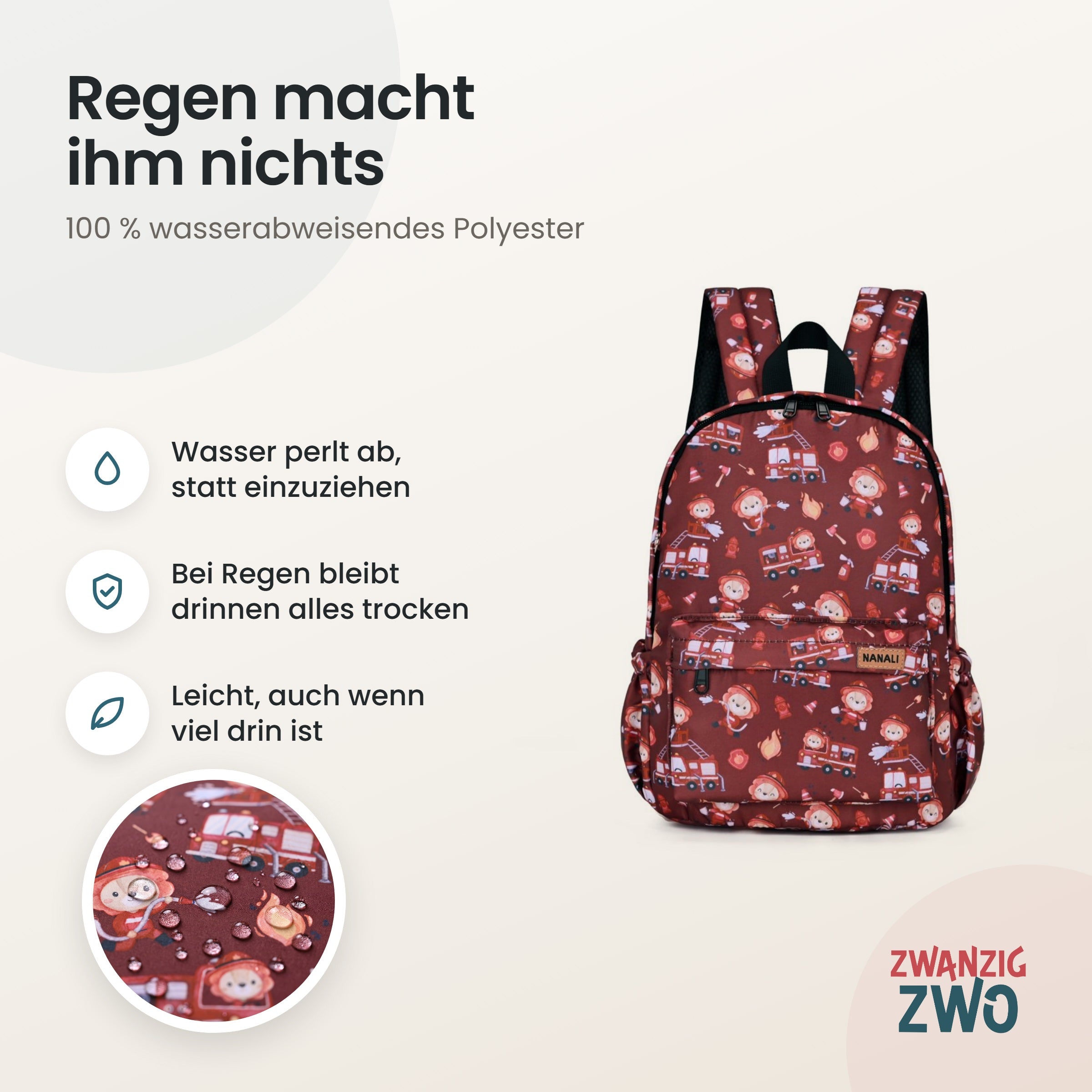 Kinderrucksack Feuerwehr Löwe – wasserabweisendes Polyester in Nahaufnahme