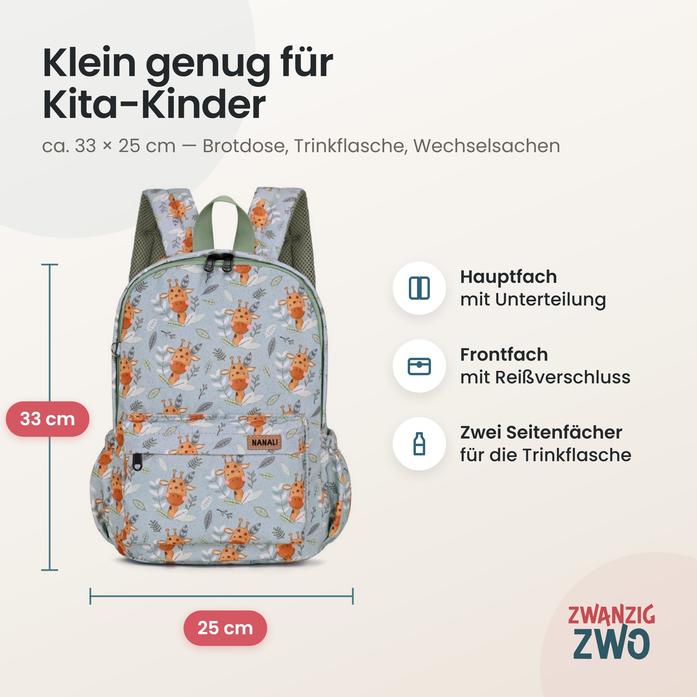 Kinderrucksack Giraffen Freunde – Maße ca. 33 × 25 cm mit Hauptfach, Frontfach und Seitenfächern