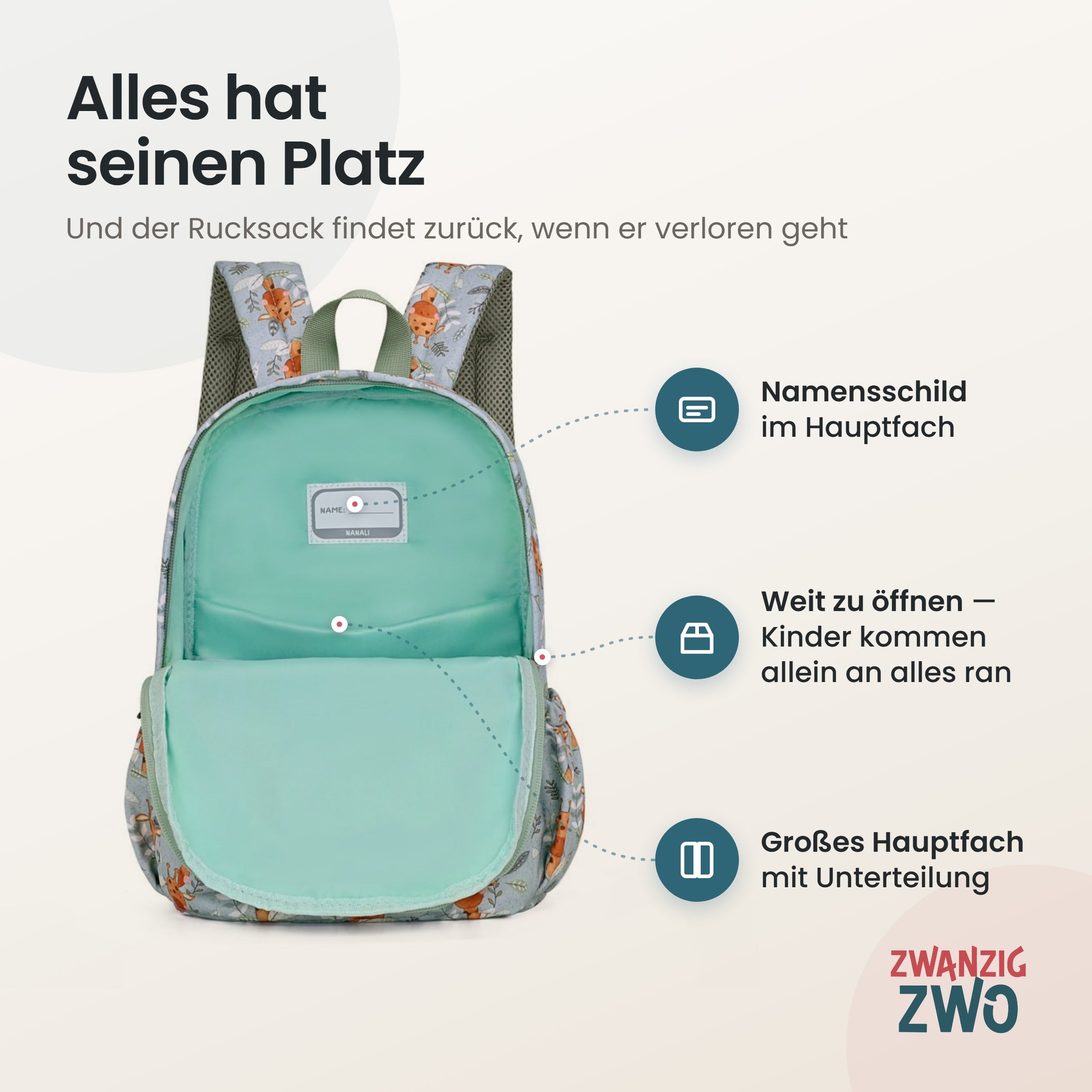 Kinderrucksack Giraffen Freunde – geöffnetes Hauptfach mit Namensschild und Unterteilung
