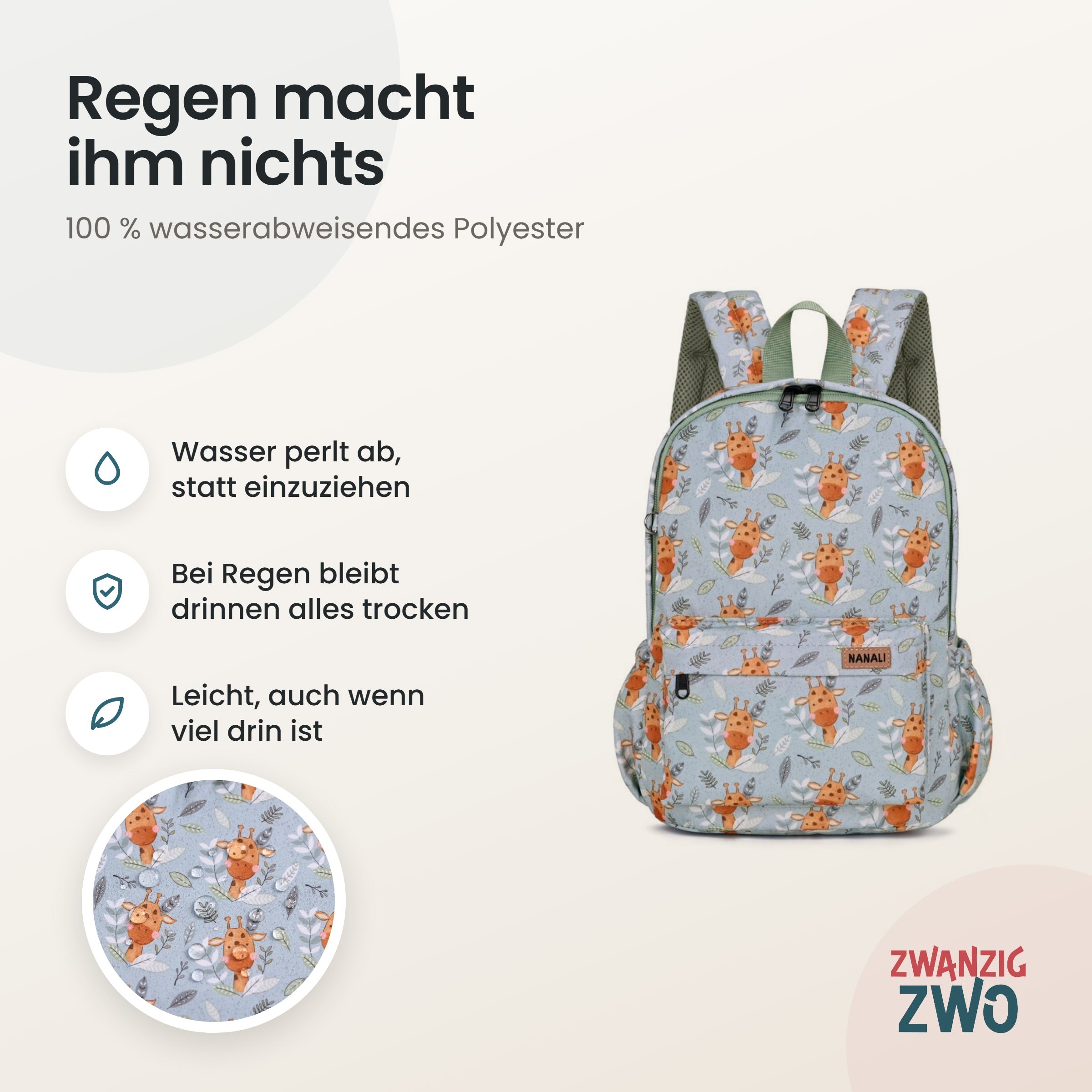 Kinderrucksack Giraffen Freunde – wasserabweisendes Polyester in Nahaufnahme