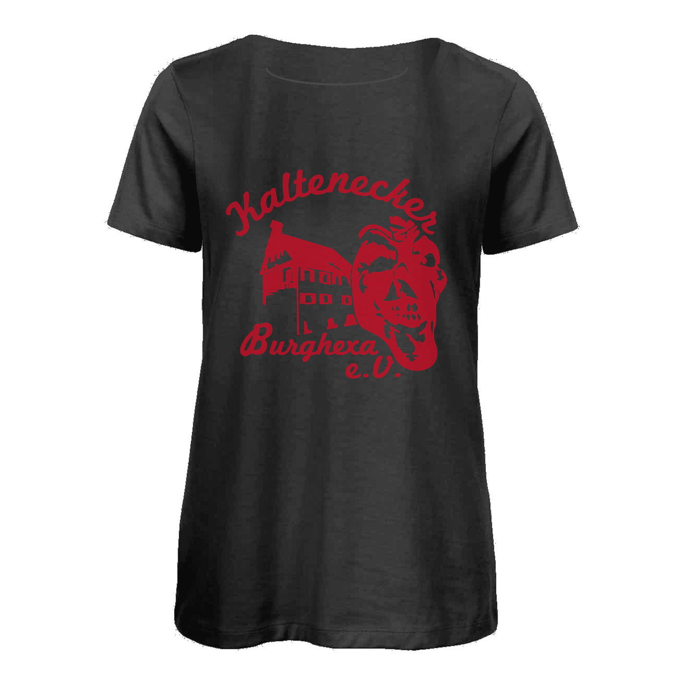 Damen Shirt V-Ausschnitt in Schwarz, Rückansicht mit Vereinslogo Kaltenecker Burghexa e.V. (Druckvorschau)