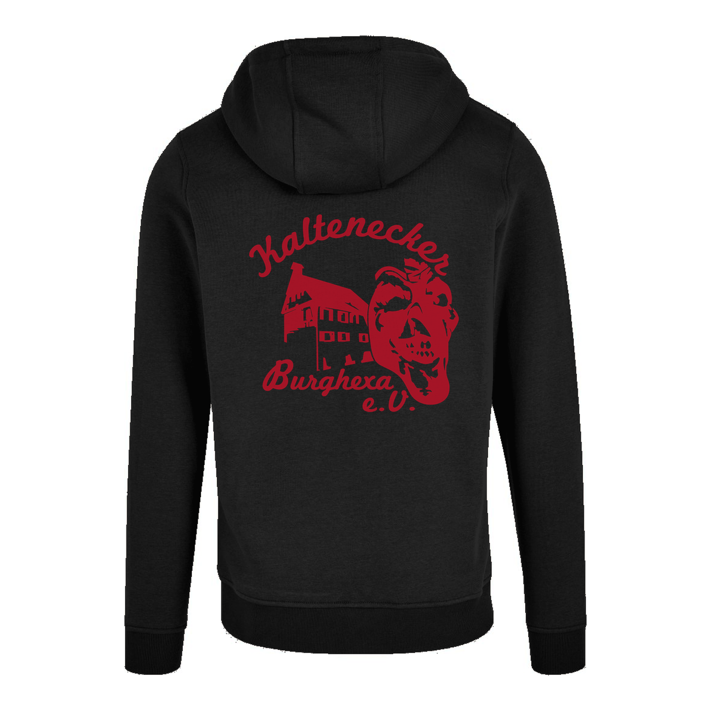 Uni Zip-Hoody in Schwarz, Rückansicht mit Vereinslogo Kaltenecker Burghexa e.V.