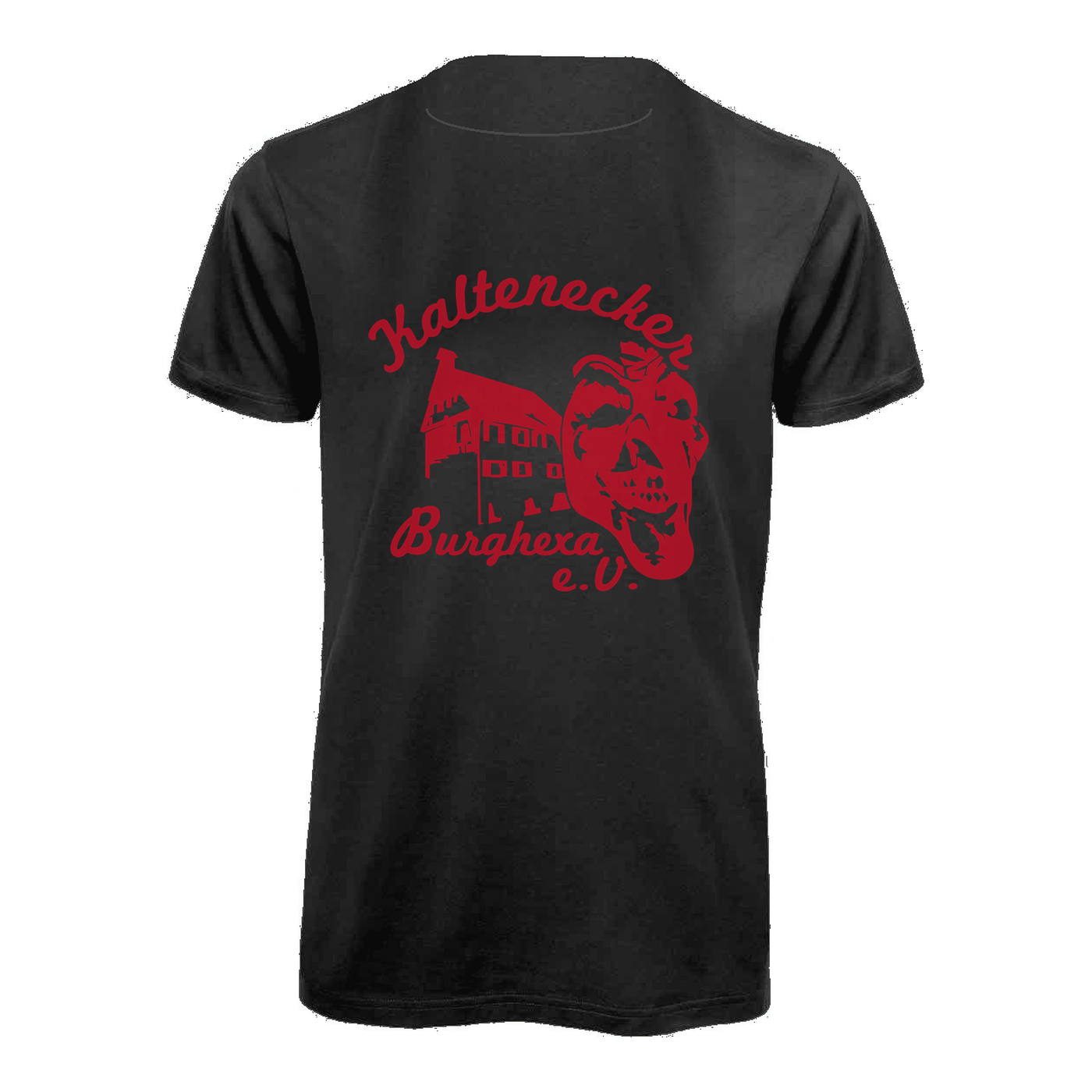 Herren Shirt V-Ausschnitt in Schwarz, Rückansicht mit Vereinslogo Kaltenecker Burghexa e.V. (Druckvorschau)