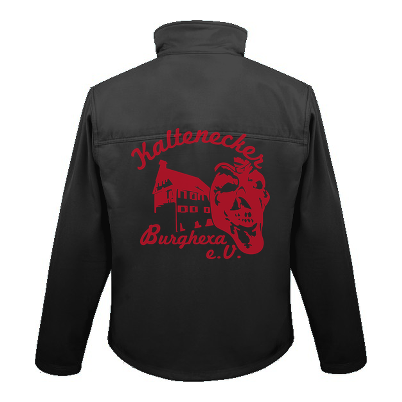 Uni Softshelljacke in Schwarz, Rückansicht mit Vereinslogo Kaltenecker Burghexa e.V.