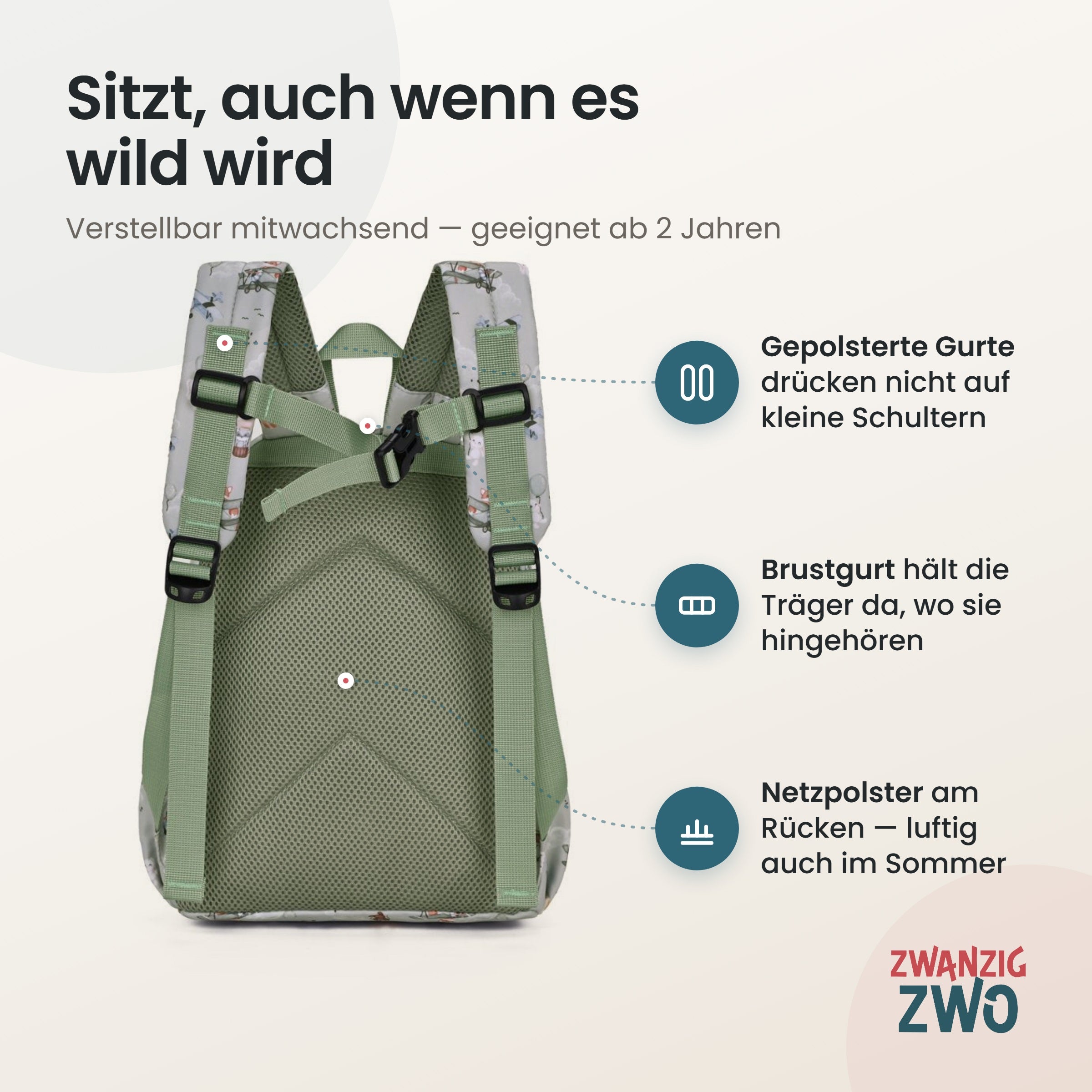 Kinderrucksack Himmelstiere – gepolsterte Schultergurte und verstellbarer Brustgurt