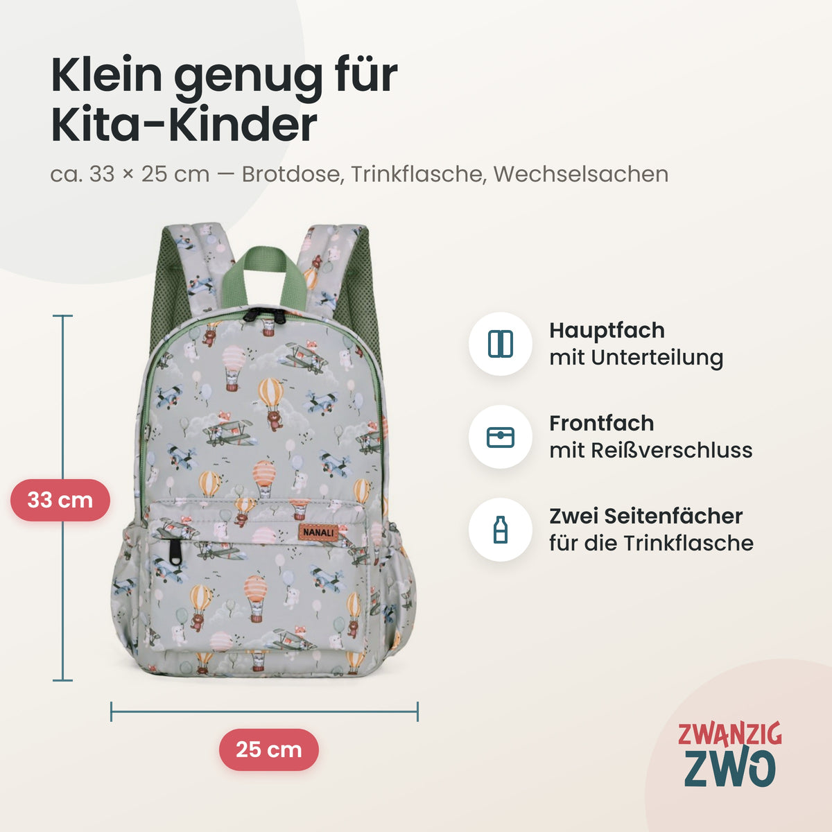 Kinderrucksack Himmelstiere – Maße ca. 33 × 25 cm mit Hauptfach, Frontfach und Seitenfächern