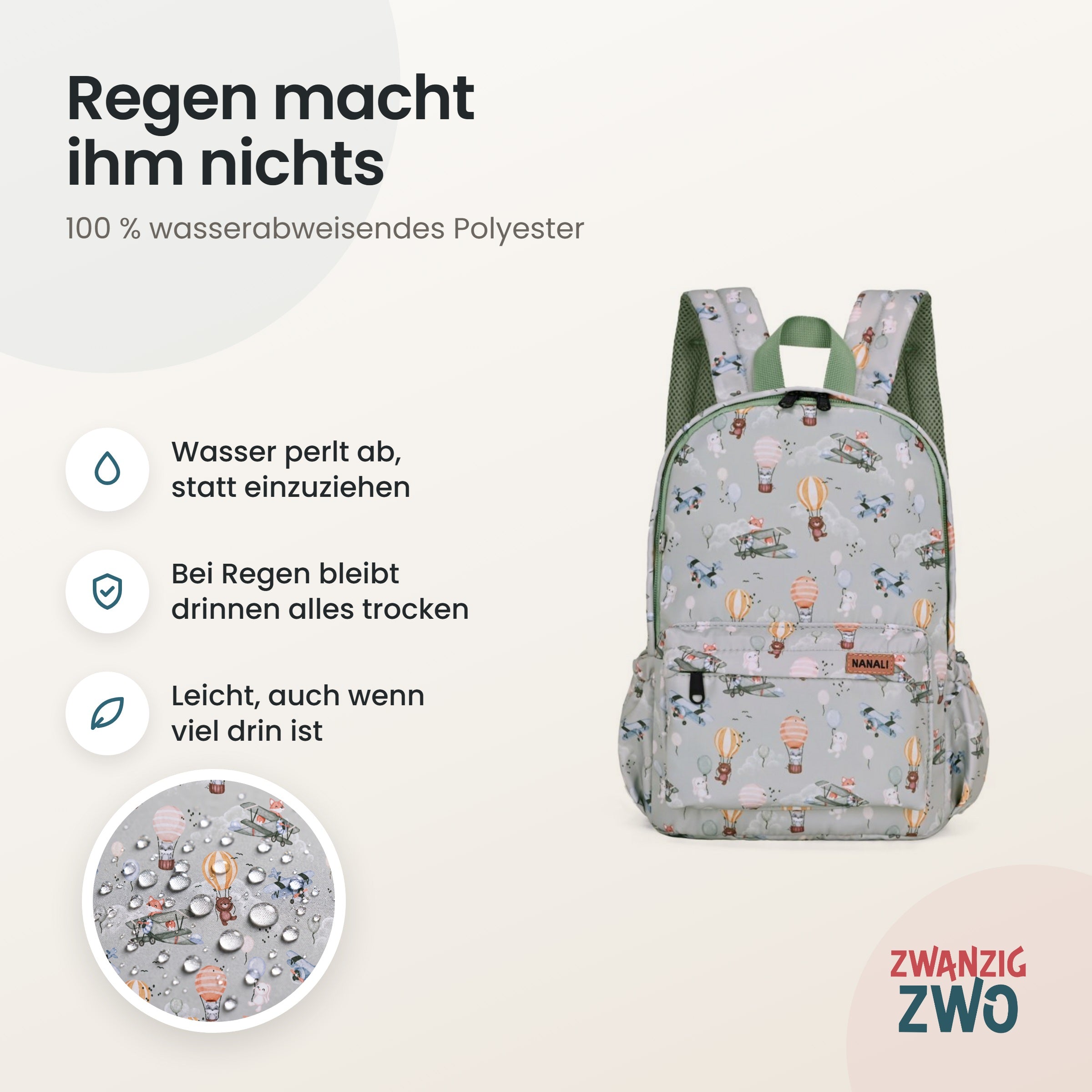 Kinderrucksack Himmelstiere – wasserabweisendes Polyester in Nahaufnahme