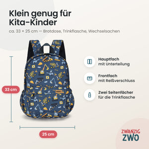 Kinderrucksack kleine Baustelle – Maße ca. 33 × 25 cm mit Hauptfach, Frontfach und Seitenfächern