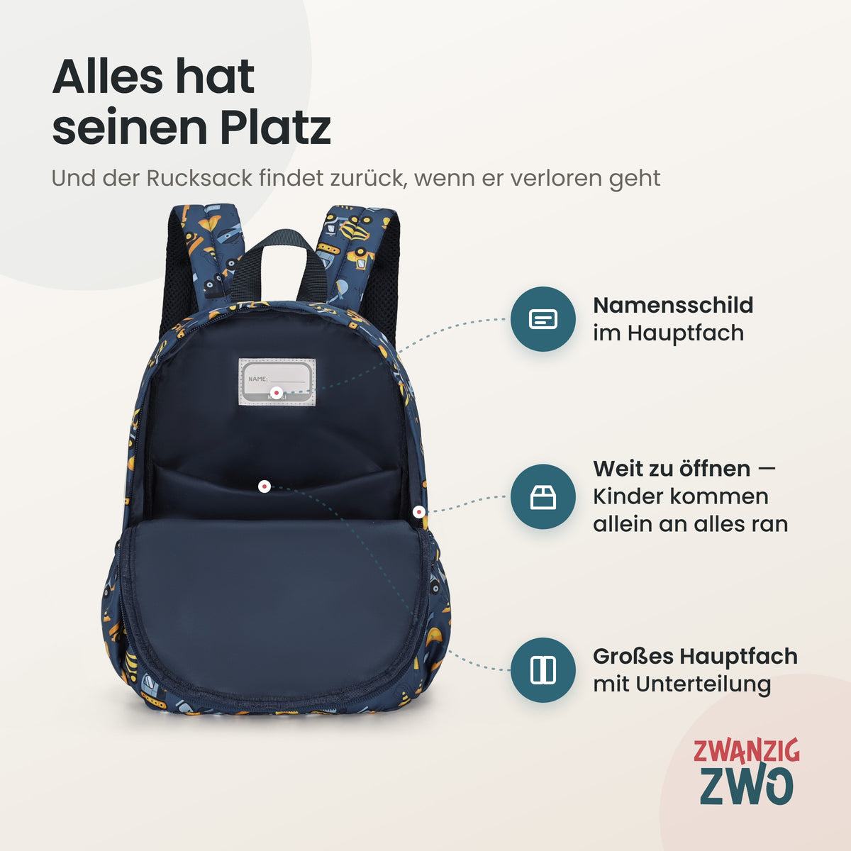 Kinderrucksack kleine Baustelle – geöffnetes Hauptfach mit Namensschild und Unterteilung