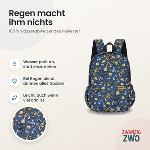 Kinderrucksack kleine Baustelle – wasserabweisendes Polyester in Nahaufnahme