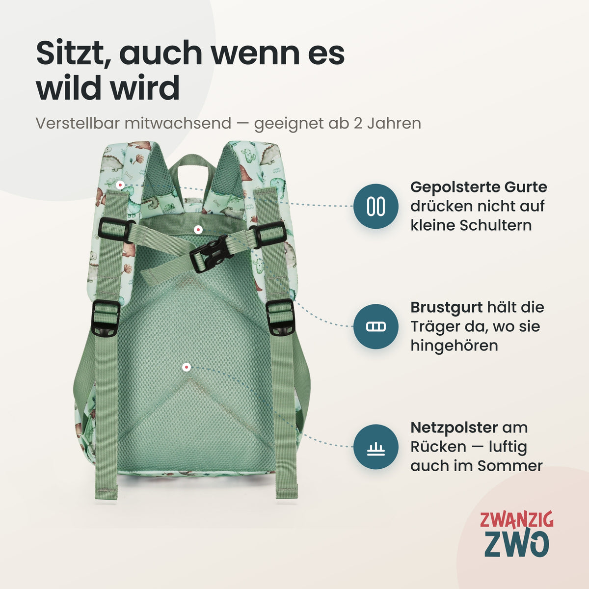 Kinderrucksack kleine Dinos – gepolsterte Schultergurte und verstellbarer Brustgurt