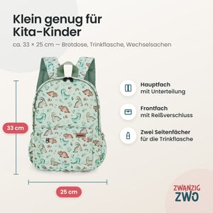 Kinderrucksack kleine Dinos – Maße ca. 33 × 25 cm mit Hauptfach, Frontfach und Seitenfächern