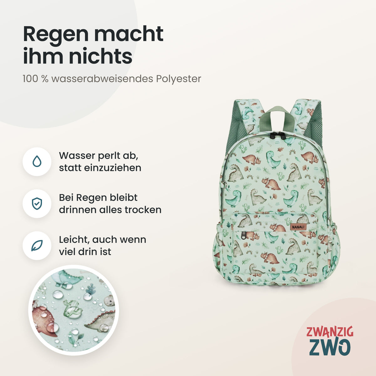 Kinderrucksack kleine Dinos – wasserabweisendes Polyester in Nahaufnahme