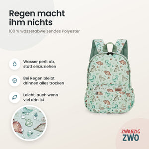 Kinderrucksack kleine Dinos – wasserabweisendes Polyester in Nahaufnahme