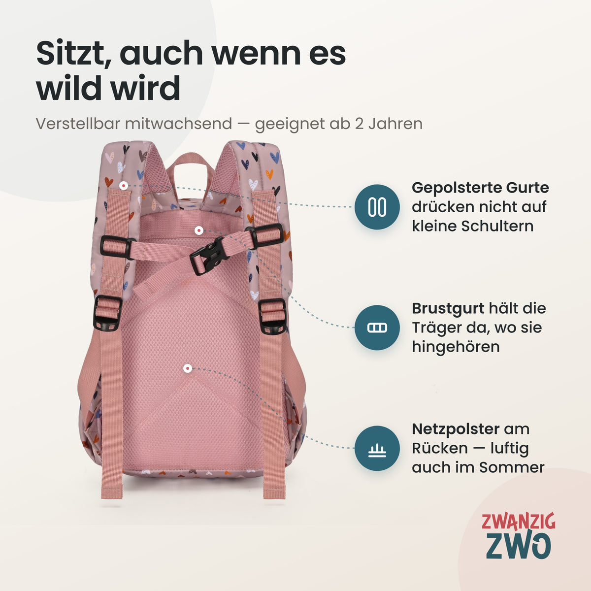 Kinderrucksack kleine Herzen – gepolsterte Schultergurte und verstellbarer Brustgurt