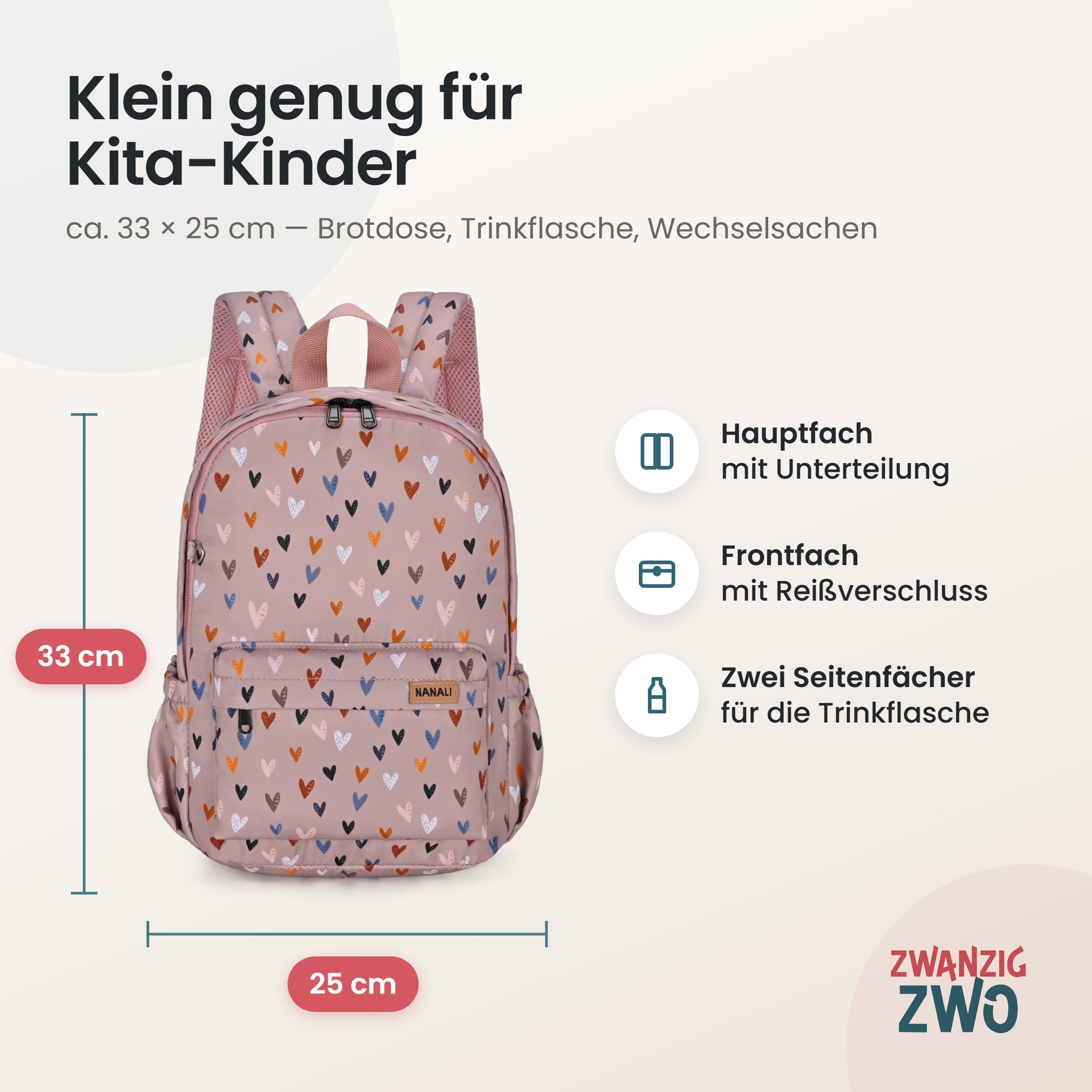 Kinderrucksack kleine Herzen – Maße ca. 33 × 25 cm mit Hauptfach, Frontfach und Seitenfächern