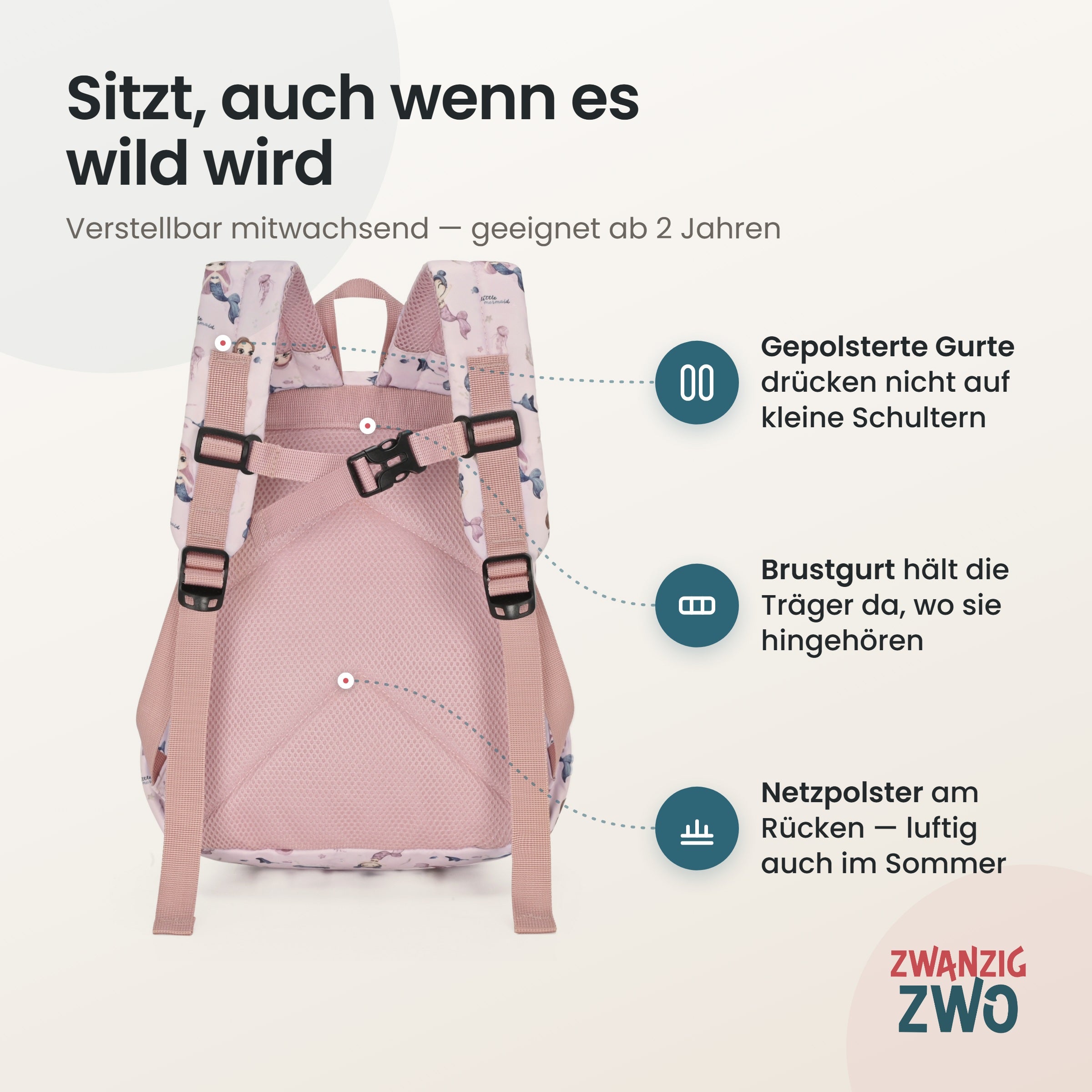Kinderrucksack kleine Meerjungfrauen – gepolsterte Schultergurte und verstellbarer Brustgurt