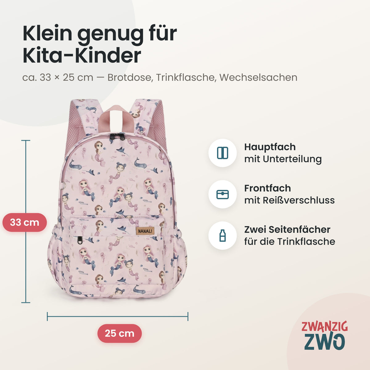 Kinderrucksack kleine Meerjungfrauen – Maße ca. 33 × 25 cm mit Hauptfach, Frontfach und Seitenfächern