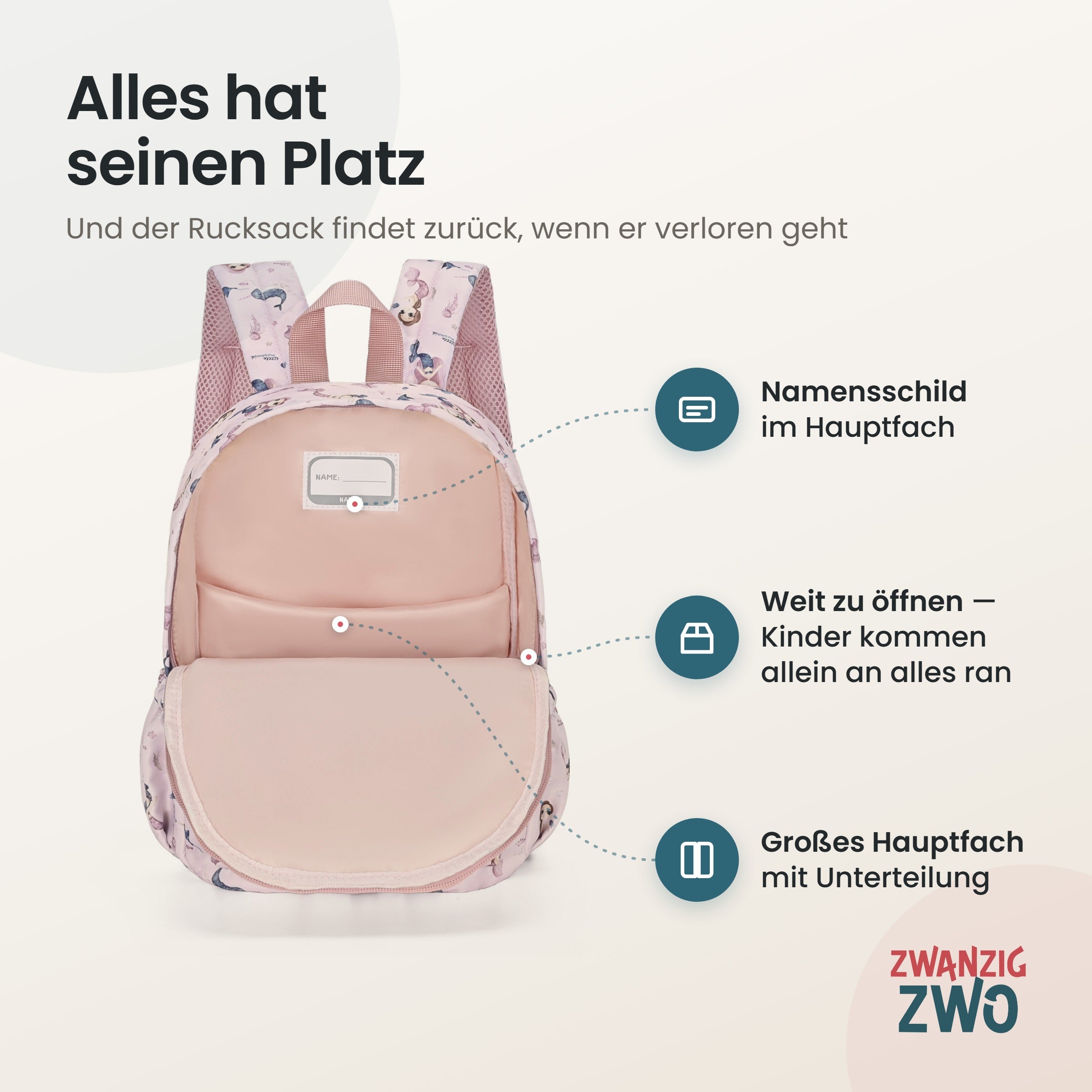 Kinderrucksack kleine Meerjungfrauen – geöffnetes Hauptfach mit Namensschild und Unterteilung