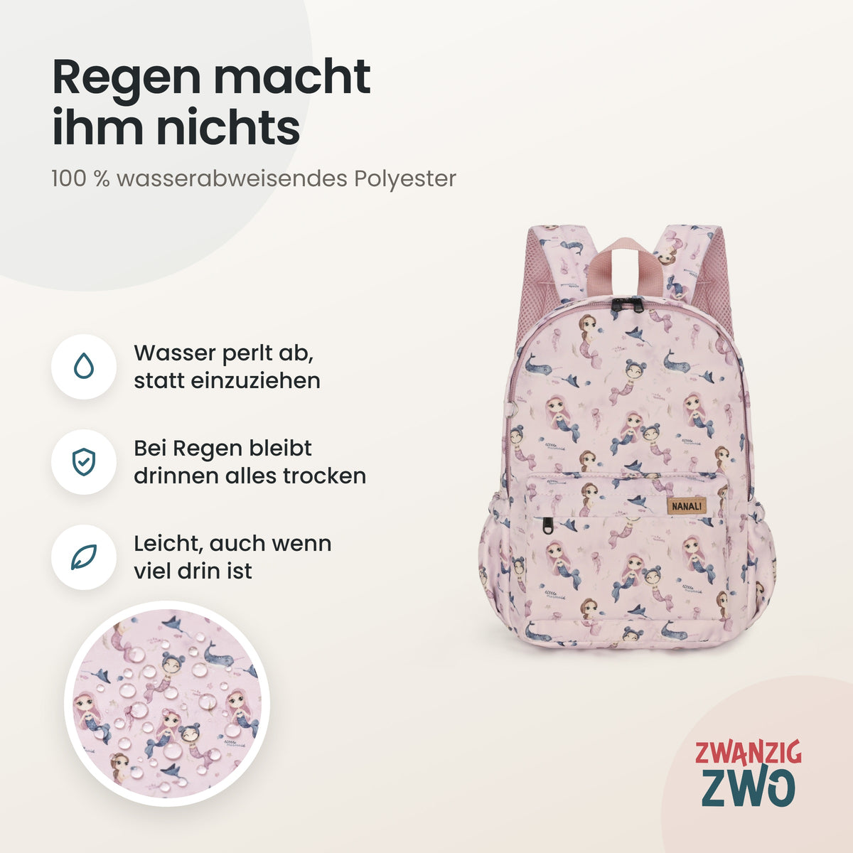 Kinderrucksack kleine Meerjungfrauen – wasserabweisendes Polyester in Nahaufnahme