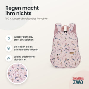 Kinderrucksack kleine Meerjungfrauen – wasserabweisendes Polyester in Nahaufnahme
