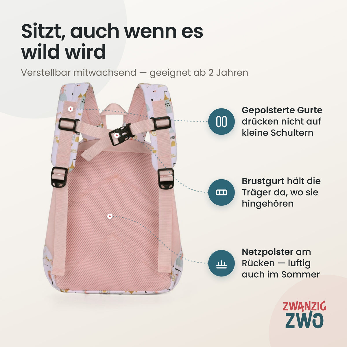 Kinderrucksack kleine Prinzessin – gepolsterte Schultergurte und verstellbarer Brustgurt