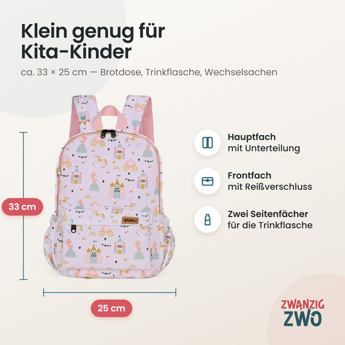 Kinderrucksack kleine Prinzessin – Maße ca. 33 × 25 cm mit Hauptfach, Frontfach und Seitenfächern