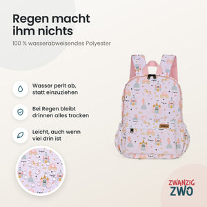 Kinderrucksack kleine Prinzessin – wasserabweisendes Polyester in Nahaufnahme
