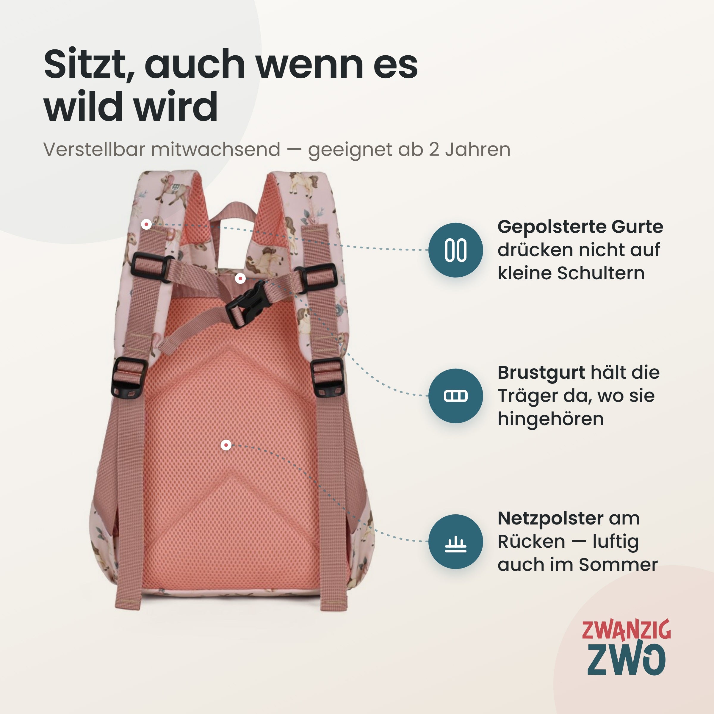 Kinderrucksack little pony – gepolsterte Schultergurte und verstellbarer Brustgurt